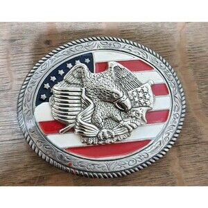 Men's Patriotic American Bald Eagle USA Flag Oval Belt Buckle Red White Blue